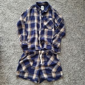 LAST DAY!! Aerie Soft Gauze Navy & Tan Flannel Pajama Set - Shorts & Collar Top
